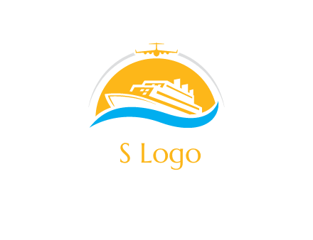 ship over the sun with water and airplane logo