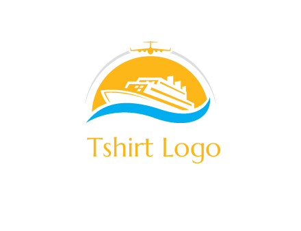 ship over the sun with water and airplane logo