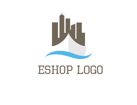 ship incorporated with city skyline and wave logo