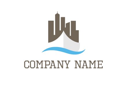 ship incorporated with city skyline and wave logo