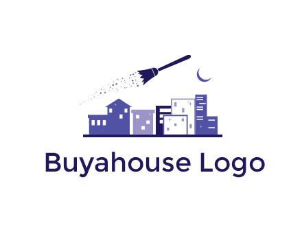 flying broom in city with moon logo