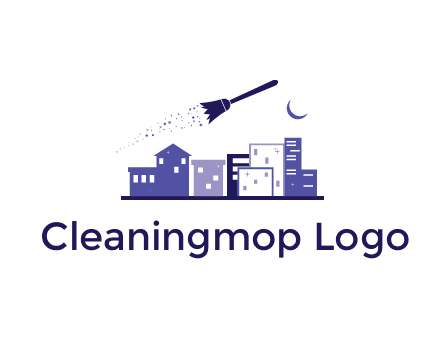 flying broom in city with moon logo