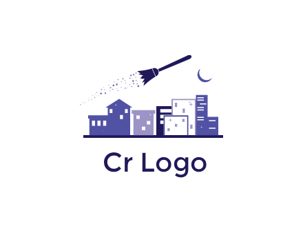 flying broom in city with moon logo