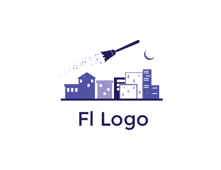 flying broom in city with moon logo