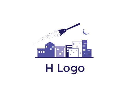 flying broom in city with moon logo