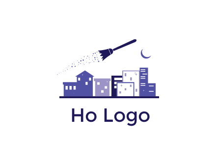 flying broom in city with moon logo