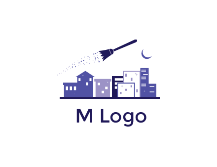 flying broom in city with moon logo