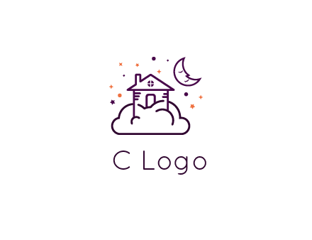 house on cloud with moon and stars logo