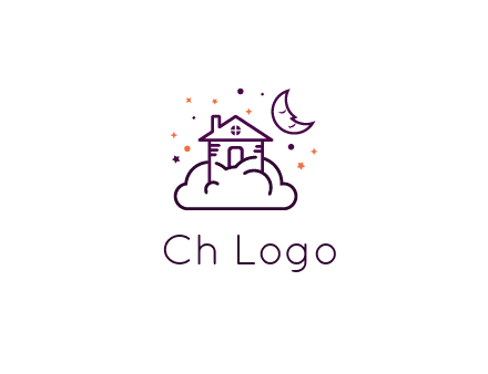 house on cloud with moon and stars logo