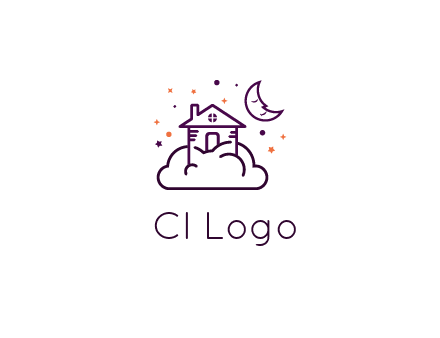 house on cloud with moon and stars logo