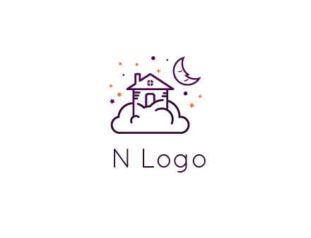 house on cloud with moon and stars logo