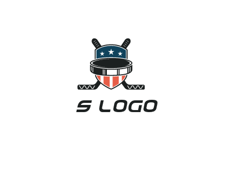 hockey stick behind shield with us flag logo