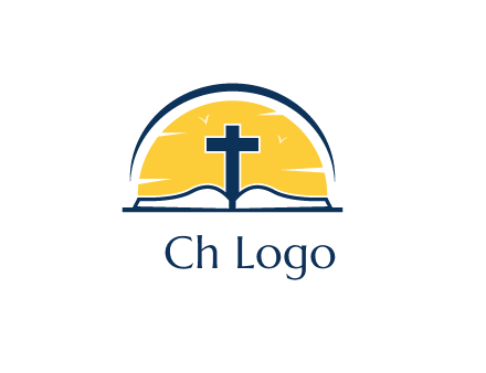 cross and bible in front of sun logo