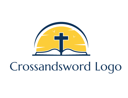 cross and bible in front of sun logo