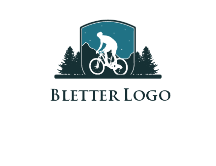 mountain biking in shield with trees emblem logo