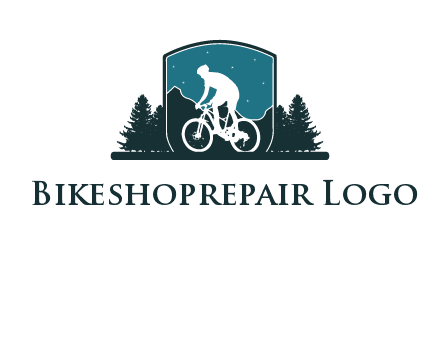 mountain biking in shield with trees emblem logo