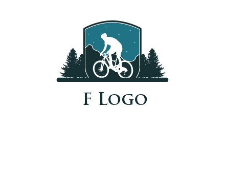 mountain biking in shield with trees emblem logo