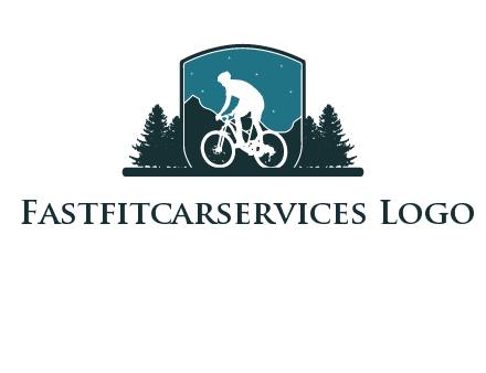 mountain biking in shield with trees emblem logo