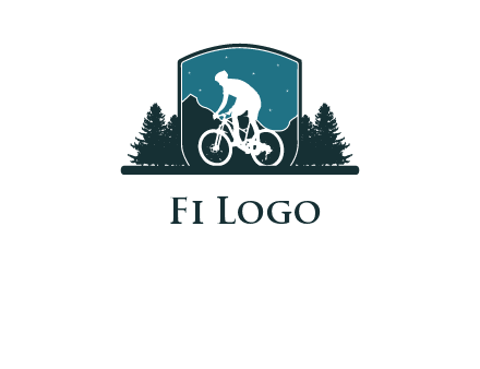 mountain biking in shield with trees emblem logo