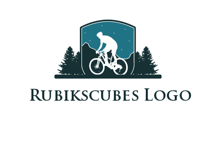 mountain biking in shield with trees emblem logo