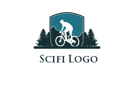 mountain biking in shield with trees emblem logo