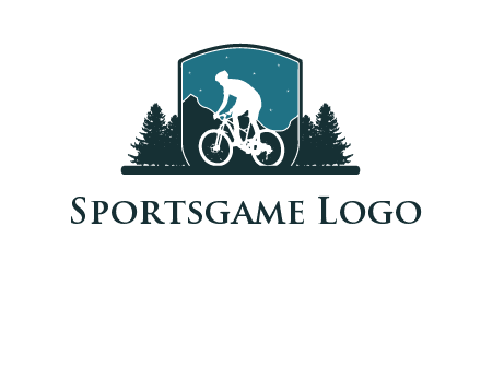 mountain biking in shield with trees emblem logo