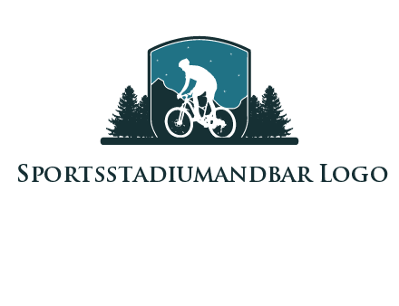 mountain biking in shield with trees emblem logo