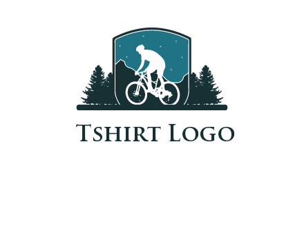 mountain biking in shield with trees emblem logo