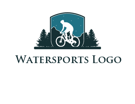 mountain biking in shield with trees emblem logo