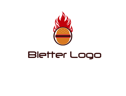 burger in front of flame logo