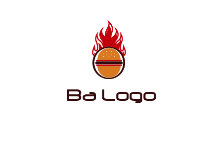 burger in front of flame logo