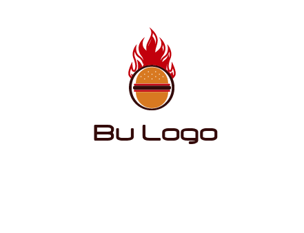 burger in front of flame logo