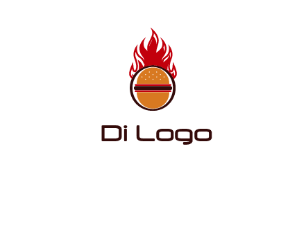 burger in front of flame logo