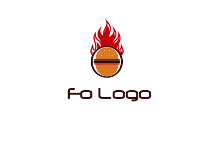 burger in front of flame logo