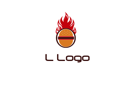 burger in front of flame logo