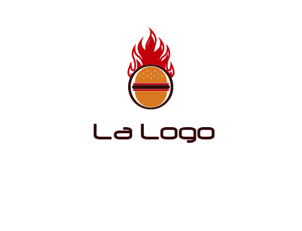 burger in front of flame logo