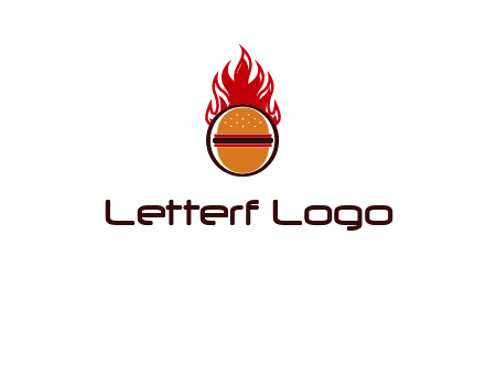 burger in front of flame logo