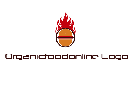 burger in front of flame logo