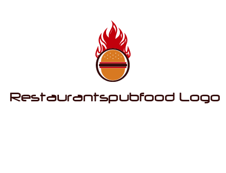 burger in front of flame logo