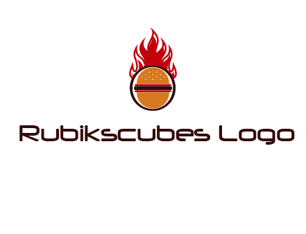 burger in front of flame logo