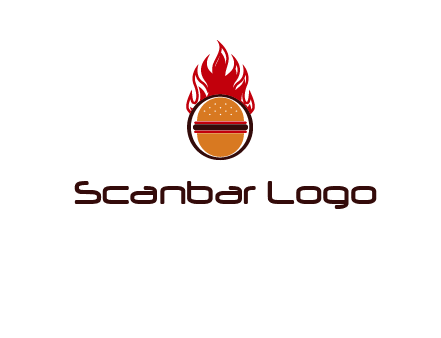 burger in front of flame logo