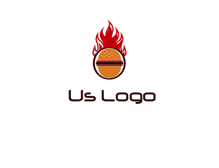 burger in front of flame logo