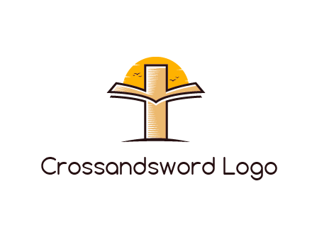 cross and book in front of sun with birds logo