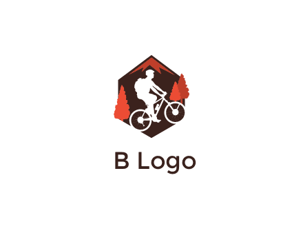 hexagonal mountain biking logo with fir trees