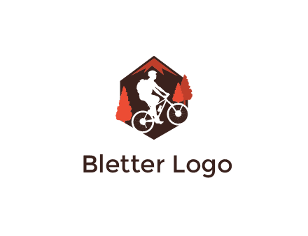 hexagonal mountain biking logo with fir trees