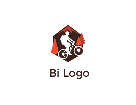 hexagonal mountain biking logo with fir trees