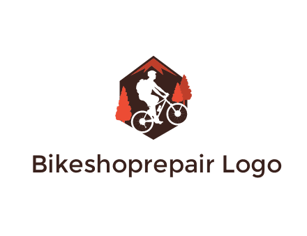 hexagonal mountain biking logo with fir trees