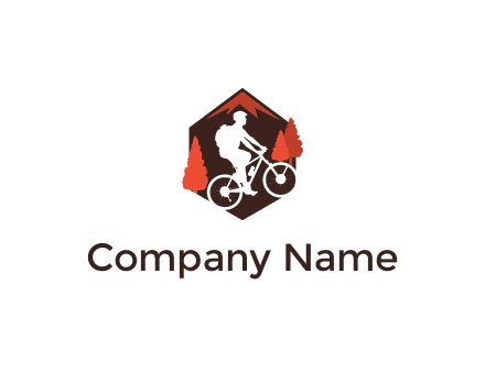 hexagonal mountain biking logo with fir trees