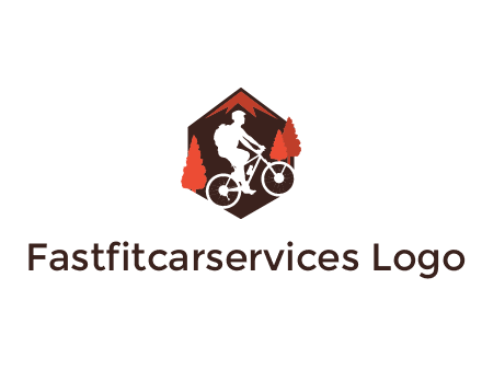 hexagonal mountain biking logo with fir trees