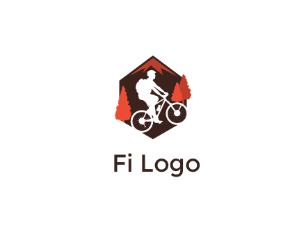 hexagonal mountain biking logo with fir trees